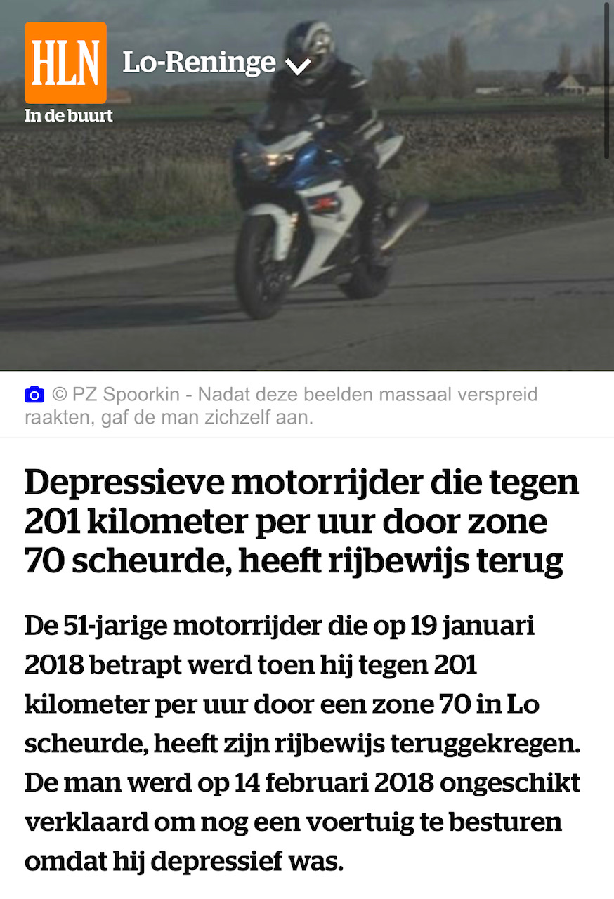 Depressieve motorrijder die tegen 201 kilometer per uur door zonde 70 scheurde, heeft rijbewijs terug